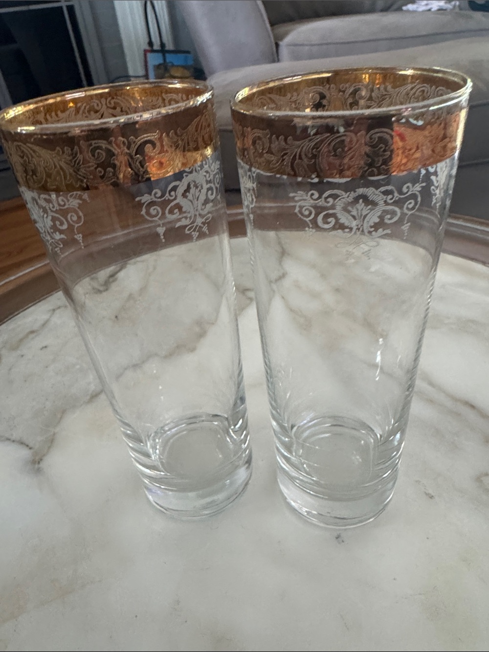 Elegant Gold-Trimmed Cellini Clear with etching Highball Glasses - Set of 2